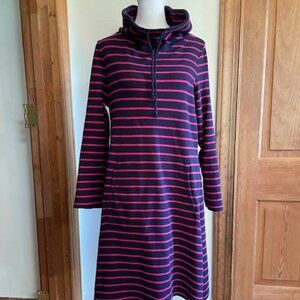 TALBOTS Hello Saturday Long Sleeve Knit Drawstring Neck Dress Navy Strip…
